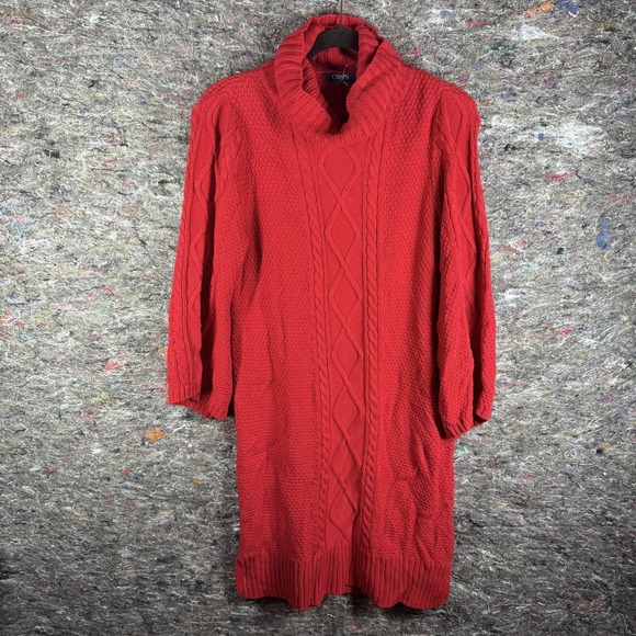Chaps Sweater Womens‎ Medium Red Cable Knit Cowl Neck Pullover Long Sleeve Dress - Picture 1 of 12